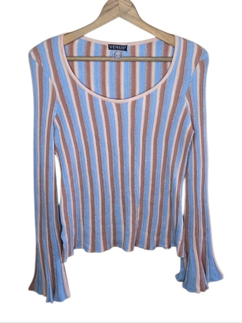 Venus Ribbed Striped Scoopneck Flare Sleeve Fitted Bodycon Sweater Size XL